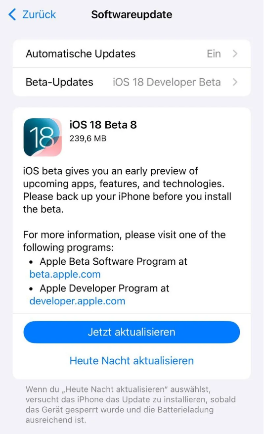 壶关苹果手机维修分享苹果 iOS / iPadOS 18 开发者预览版 Beta 8 发布 